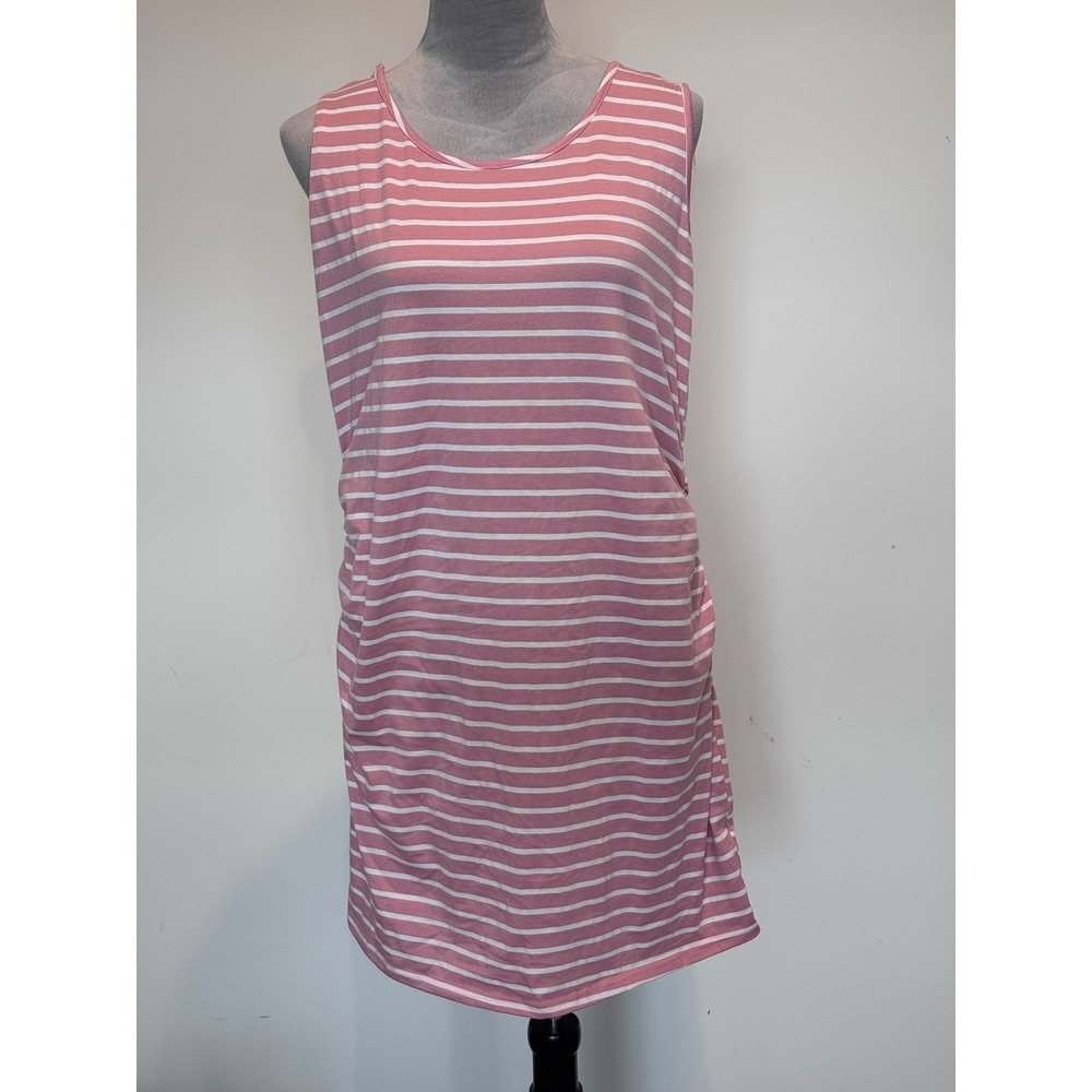 Pink and White Striped Sleeveless Ruched Maternity Dress Scoop Neck Knee Length